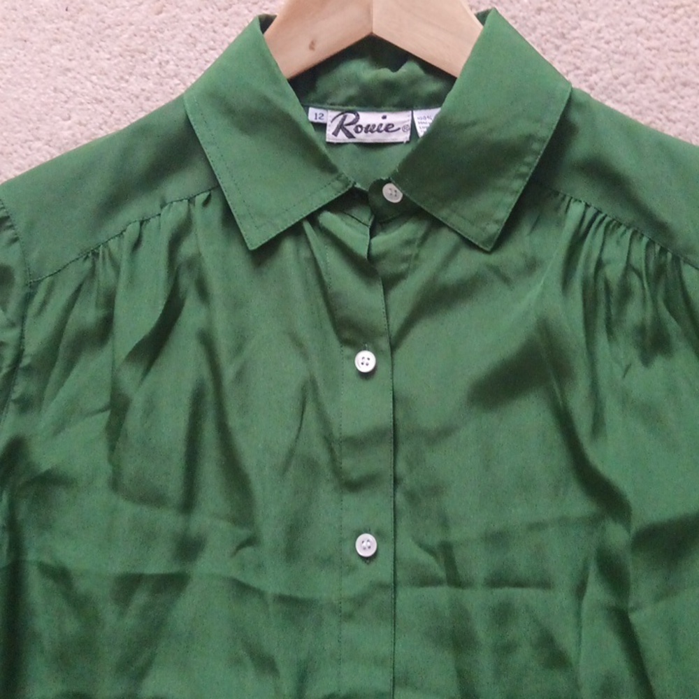 Ptp21" Vintage Flowy Green Long Sleeve Ruched Button Blouse - Picture 10 of 15